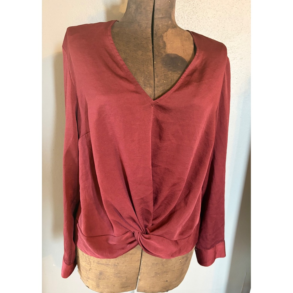Express Womens Burgundy Twist Front V-Neck Long Sleeve Blouse Top Large 90240